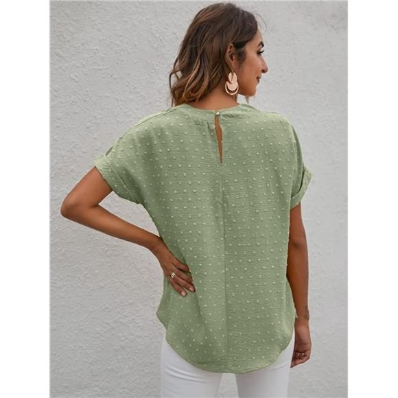 Women's Casual Swiss Dots Chiffon Ruffle Front Short Sleeve Work Office Blouse - Picture 3 of 6